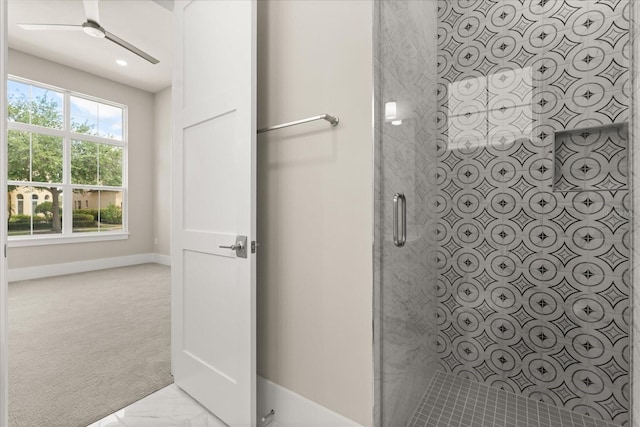 full bathroom with a ceiling fan, baseboards, marble finish floor, recessed lighting, and tiled shower