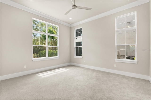 carpeted empty room featuring crown molding, ceiling fan, and baseboards