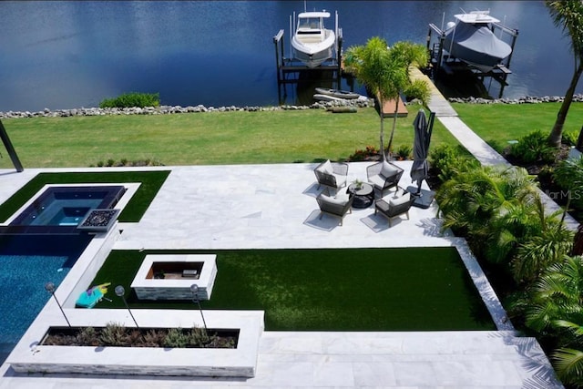 exterior space with a water view and a dock