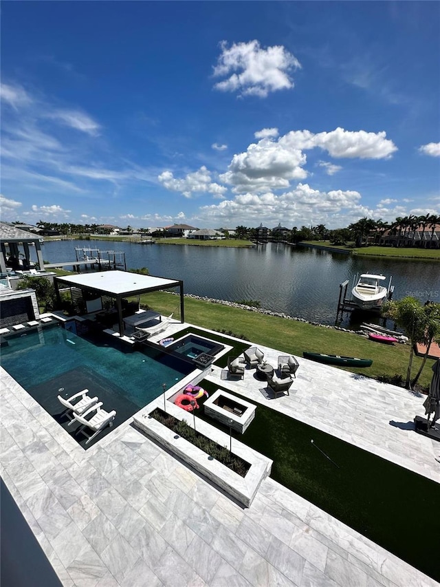 view of dock featuring a patio area, a water view, and a pool with hot tub