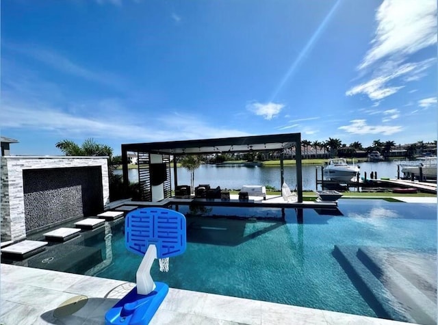 view of pool with a dock and a water view