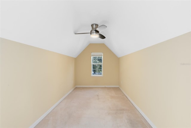 bonus room featuring light carpet, ceiling fan, and lofted ceiling