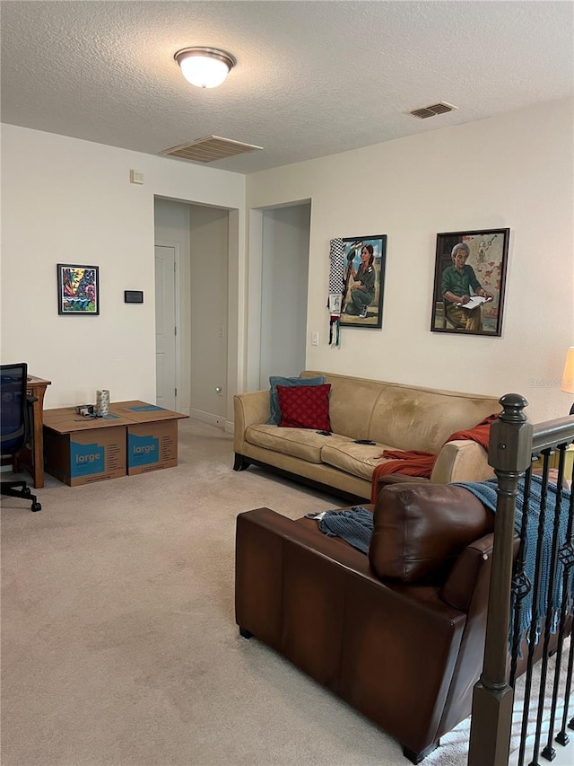 living room featuring light colored carpet and a textured ceiling