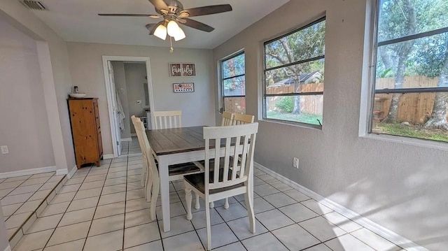 dining area with ceiling fan and light tile patterned floors