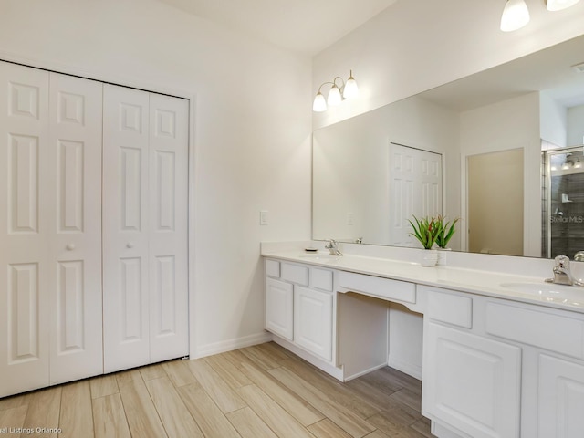 bathroom with a shower with door and vanity