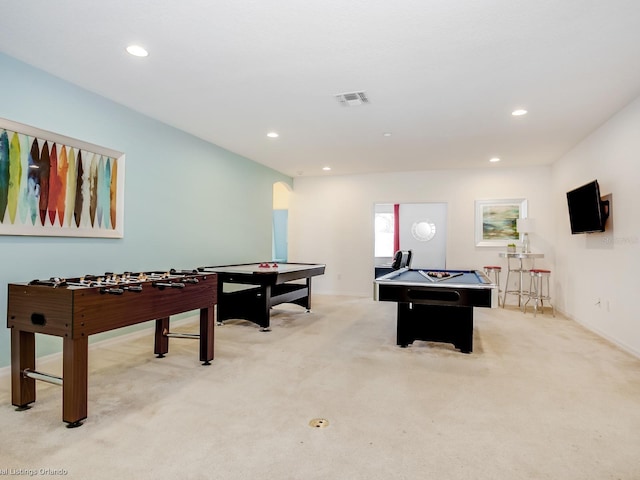 rec room with light carpet and pool table