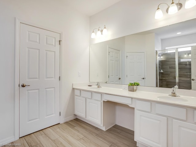 bathroom featuring vanity and a shower with shower door