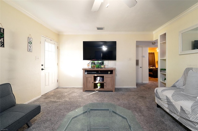 carpeted living room with ceiling fan and crown molding