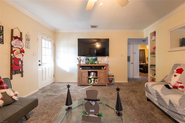 carpeted living room featuring ceiling fan, built in features, and ornamental molding