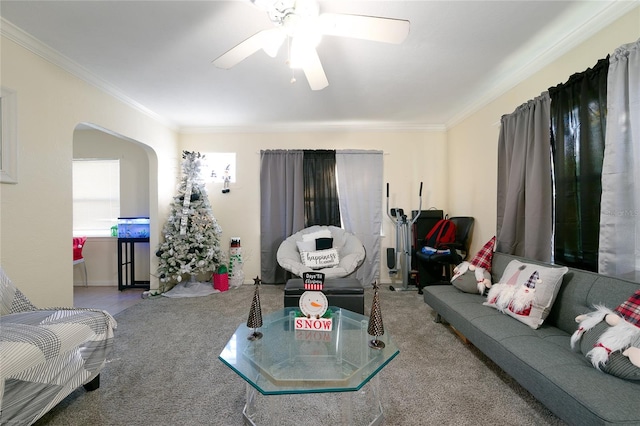 carpeted living room featuring ceiling fan and ornamental molding