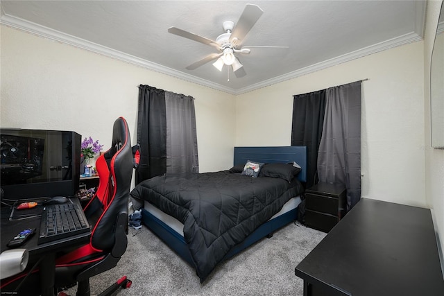 bedroom with ceiling fan, light colored carpet, and crown molding