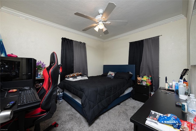 bedroom featuring ceiling fan, crown molding, carpet, and a textured ceiling