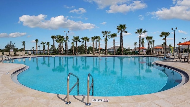 view of swimming pool featuring a patio area