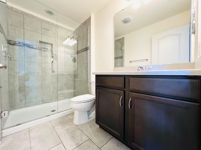 bathroom with tile patterned flooring, vanity, toilet, and a shower with door