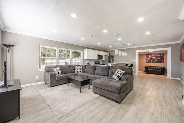 living room featuring crown molding, light hardwood / wood-style flooring, a textured ceiling, and sink