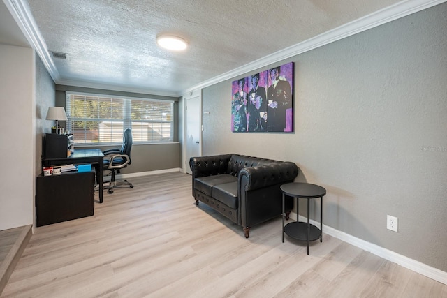 2803 E Pine St, Orlando, FL 32803 - home office with crown molding, wood finished floors, a textured ceiling, baseboards, and a textured wall
