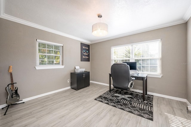 2803 E Pine St, Orlando, FL 32803 - home office featuring ornamental molding, a textured ceiling, baseboards, and wood finished floors