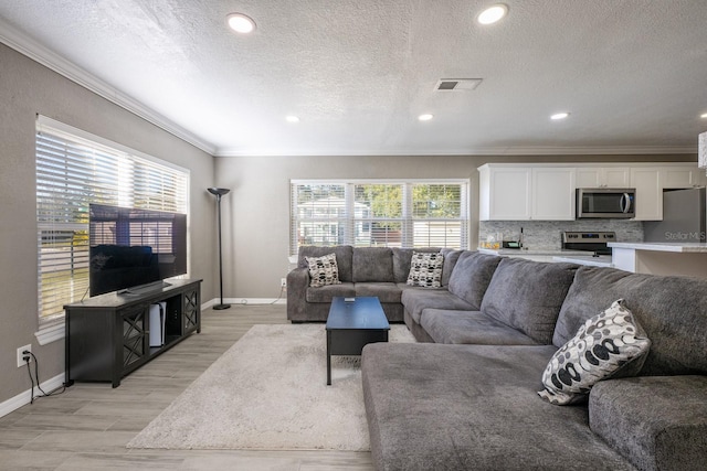 2803 E Pine St, Orlando, FL 32803 - living area featuring baseboards, visible vents, light wood-type flooring, and ornamental molding