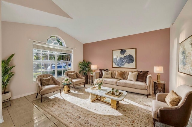 tiled living room with vaulted ceiling