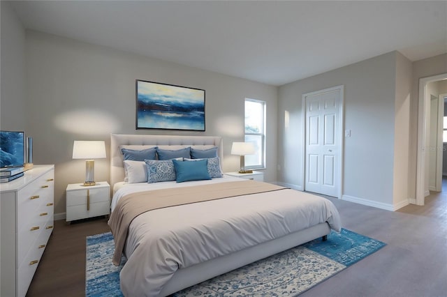 bedroom with wood-type flooring and a closet