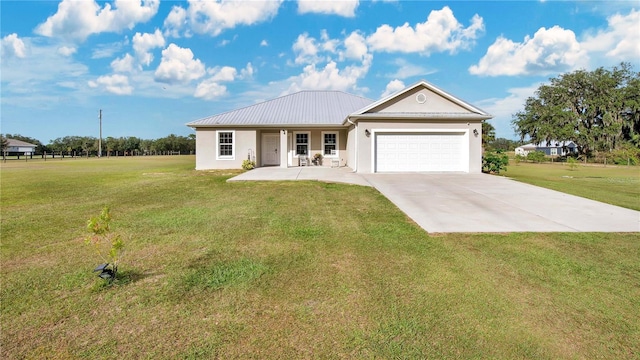 ranch-style house with a porch, a front yard, and a garage