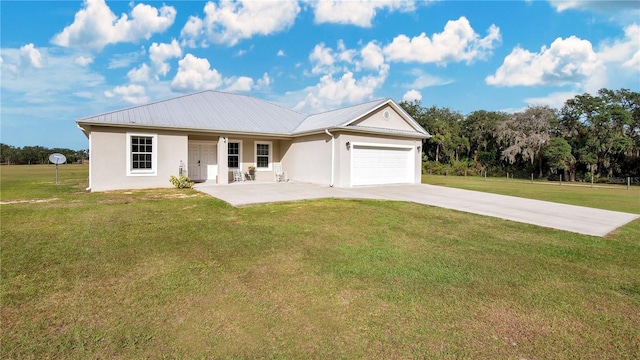 ranch-style house with a front yard, a garage, and covered porch