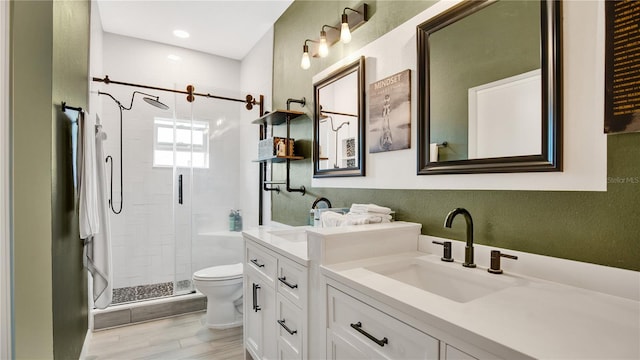 bathroom with vanity, toilet, and walk in shower