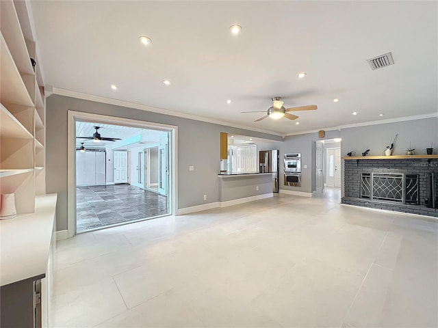 unfurnished living room with a fireplace, crown molding, and recessed lighting