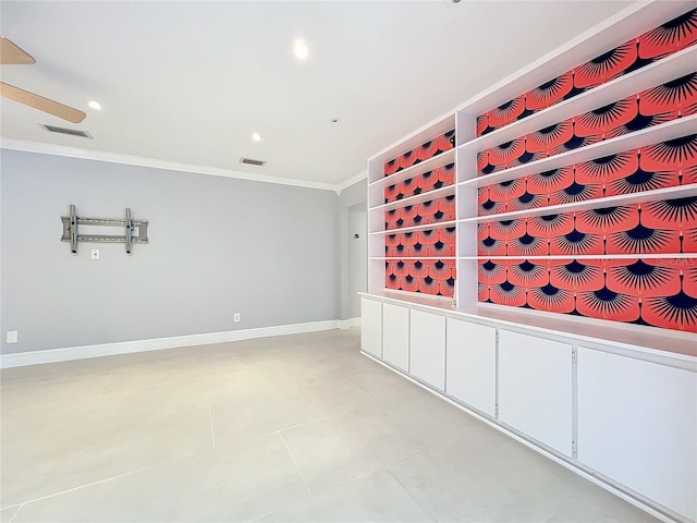 wine area featuring ornamental molding, recessed lighting, visible vents, and baseboards