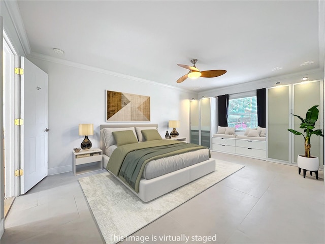 bedroom featuring crown molding, baseboards, and ceiling fan