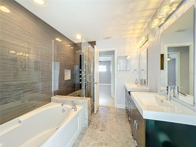 full bath featuring a stall shower, visible vents, vanity, and a bath