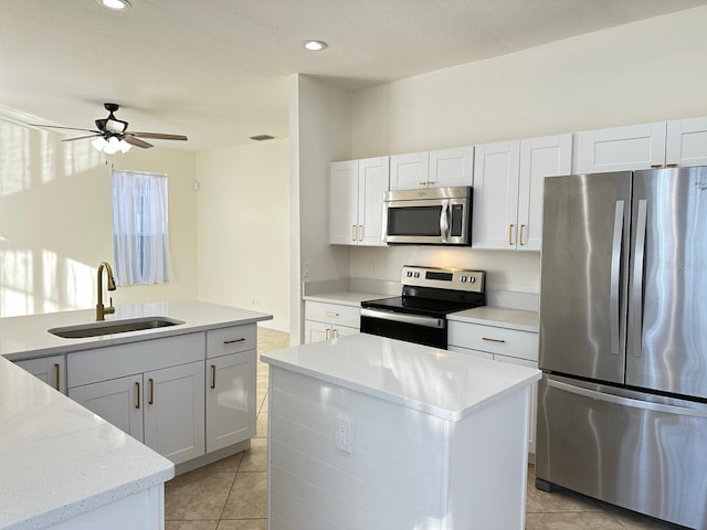 kitchen featuring ceiling fan, white cabinetry, sink, and appliances with stainless steel finishes