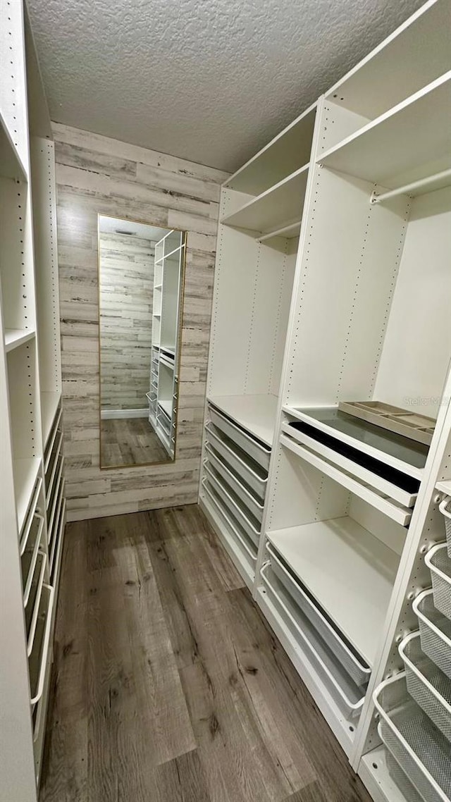 spacious closet with dark wood-type flooring