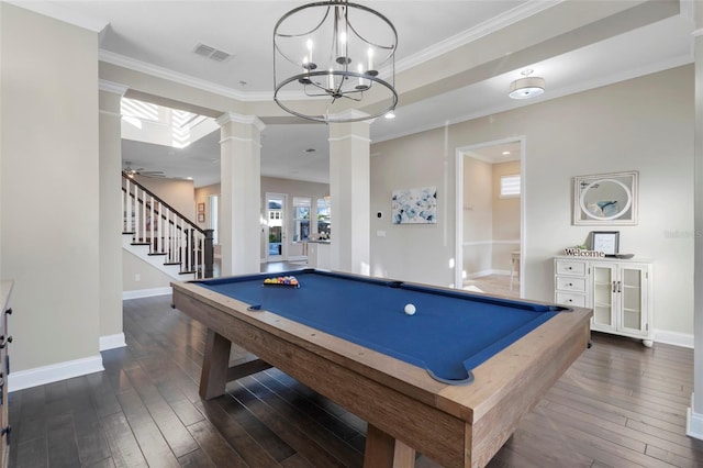 recreation room featuring dark wood-type flooring, ceiling fan with notable chandelier, crown molding, billiards, and ornate columns