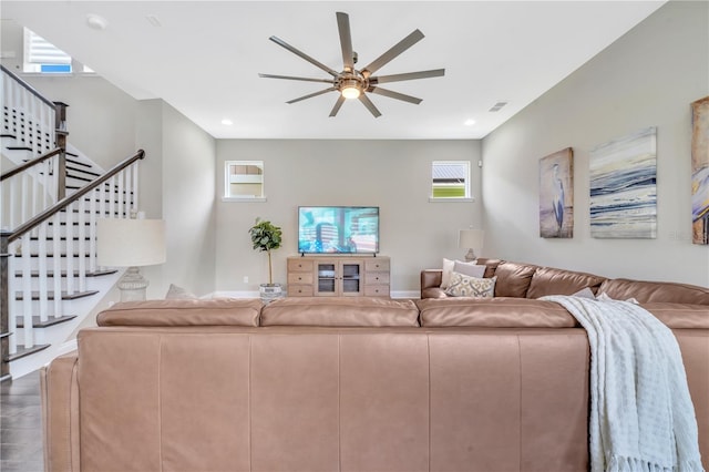 living room featuring ceiling fan