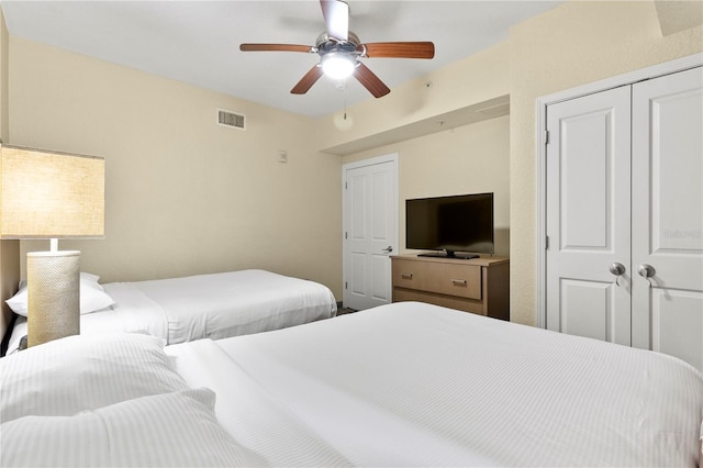 bedroom with ceiling fan and a closet