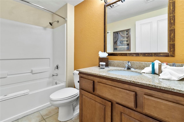 full bathroom featuring tile patterned flooring, vanity,  shower combination, and toilet