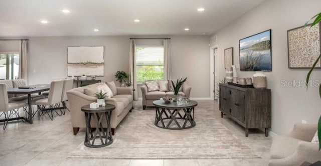 living room featuring light tile patterned floors