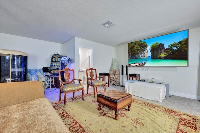 living room featuring carpet flooring and a textured ceiling