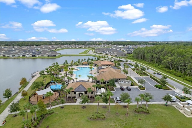 birds eye view of property featuring a water view