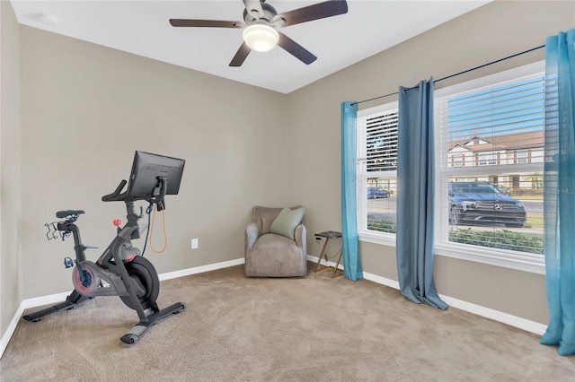 exercise room with plenty of natural light, ceiling fan, and light carpet