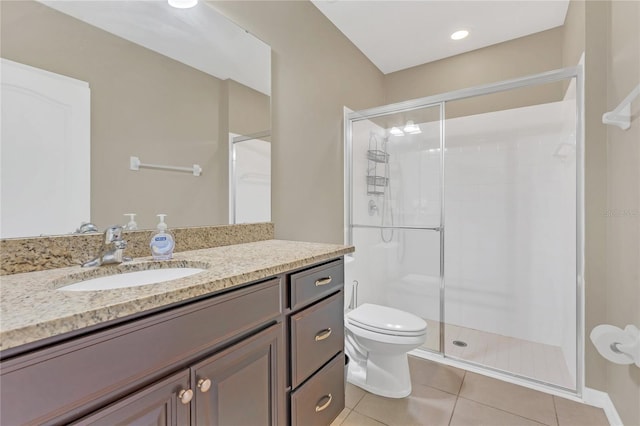 bathroom featuring tile patterned floors, vanity, toilet, and an enclosed shower