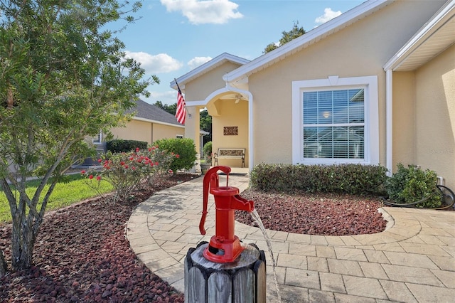 doorway to property featuring a patio area and a fireplace