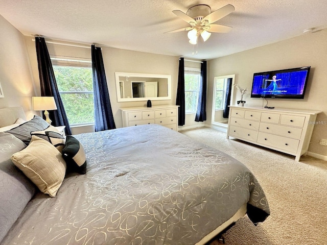 carpeted bedroom featuring ceiling fan, multiple windows, and a textured ceiling