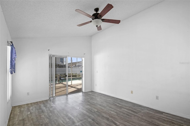 unfurnished room featuring ceiling fan, a textured ceiling, and dark hardwood / wood-style floors