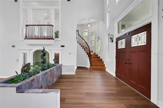 foyer with a high ceiling and hardwood / wood-style floors