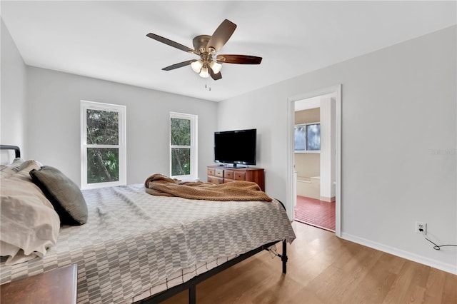 bedroom featuring ceiling fan and light wood-type flooring