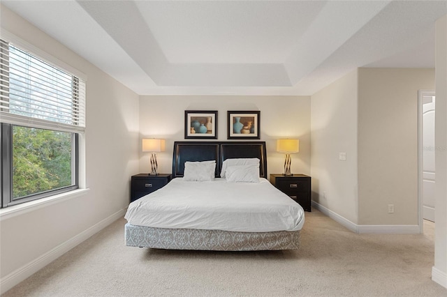 bedroom featuring a tray ceiling, multiple windows, and light colored carpet