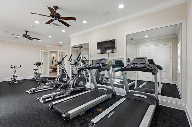 gym with french doors and ornamental molding