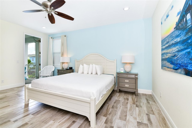 bedroom featuring ceiling fan, access to outside, and light hardwood / wood-style flooring